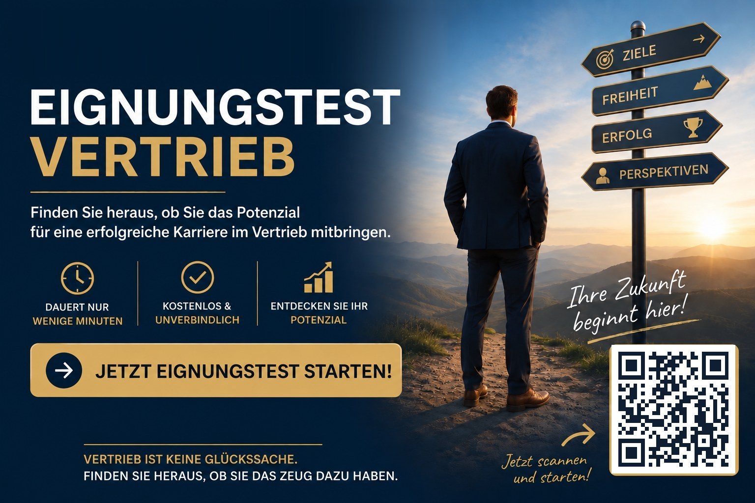 Eignungstest Vertrieb – Finden Sie heraus, ob Sie das Potenzial für eine erfolgreiche Karriere im Vertrieb mitbringen. Dauert nur wenige Minuten, kostenlos und unverbindlich.